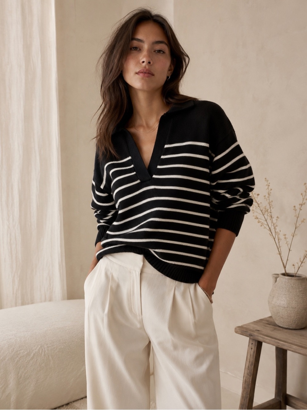 Aritzia Wilfred Clara Wool Polo Sweater XXS Relaxed Fit Black Cream Stripes